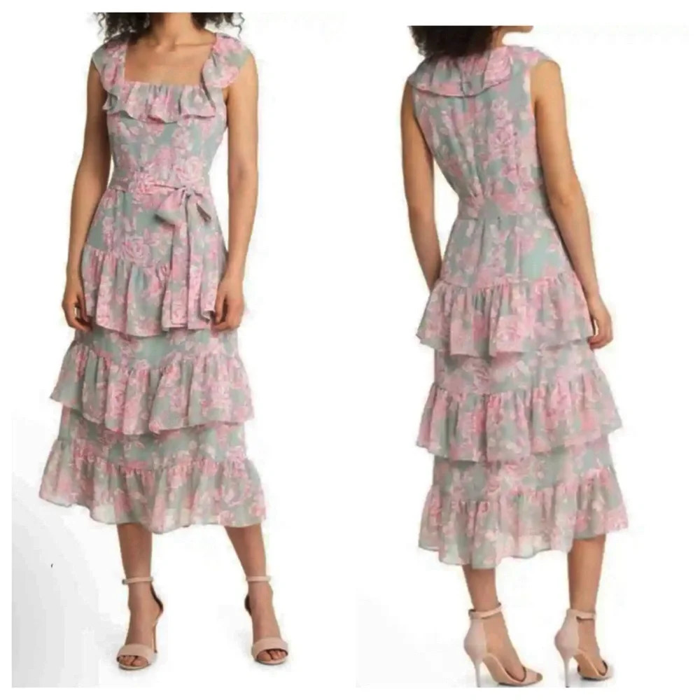 Eliza J Sage + Pink Floral Ruffle Tiered Midi Dress 💚🌸